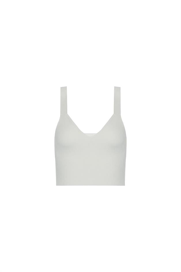 Askılı V Yaka Ekru Triko Top