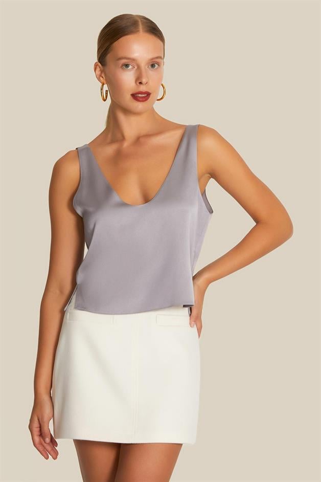 Sleeveless V Neck Grey Blouse