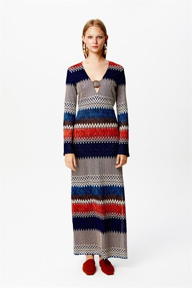 Çok Renkli Zikzak Desenli Lacivert Elbise