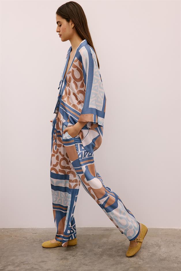 Drawstring Detailed Patterned Long Indigo Trousers