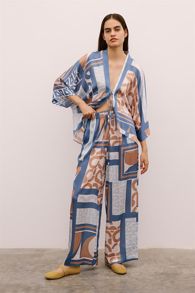 Drawstring Detailed Patterned Long Indigo Trousers