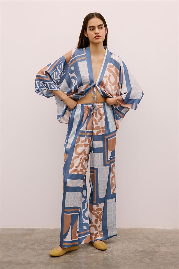 Drawstring Detailed Patterned Long Indigo Trousers