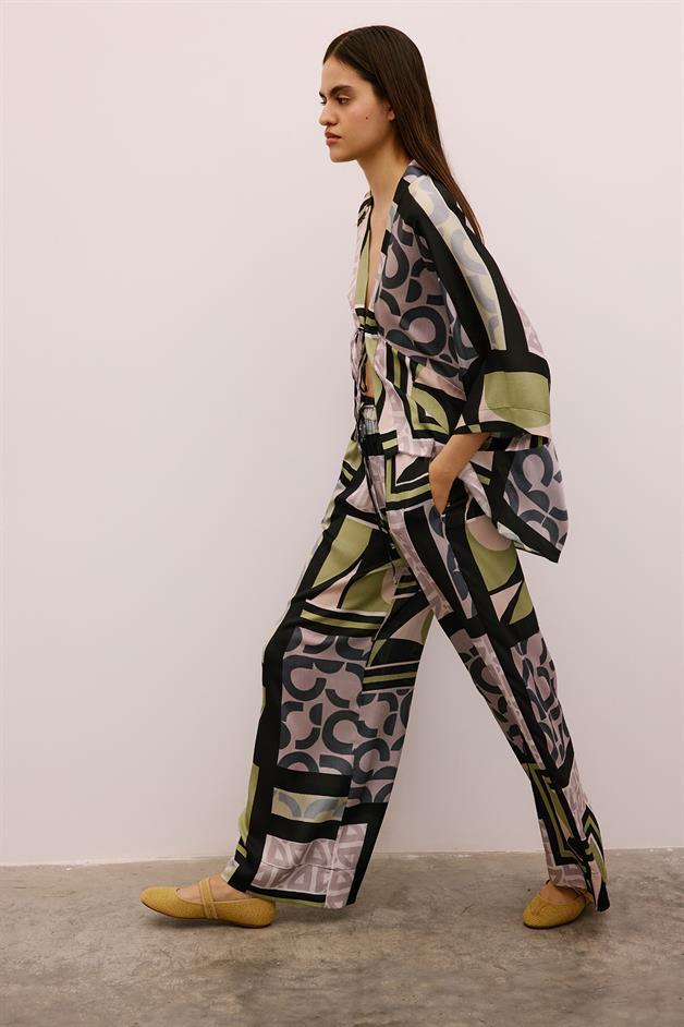 Drawstring Detailed Patterned Long Black Trousers