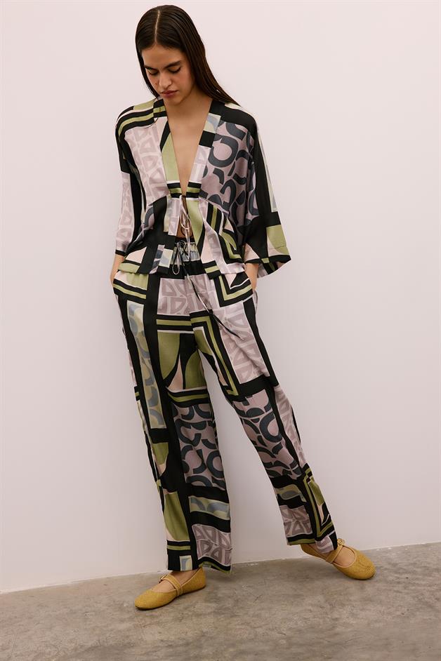 Drawstring Detailed Patterned Long Black Trousers