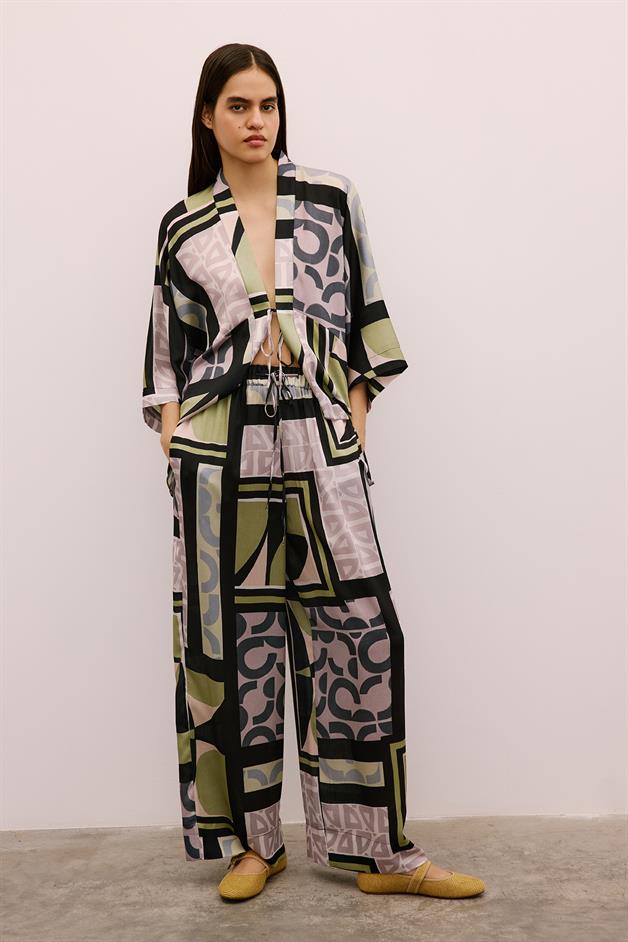 Drawstring Detailed Patterned Long Black Trousers