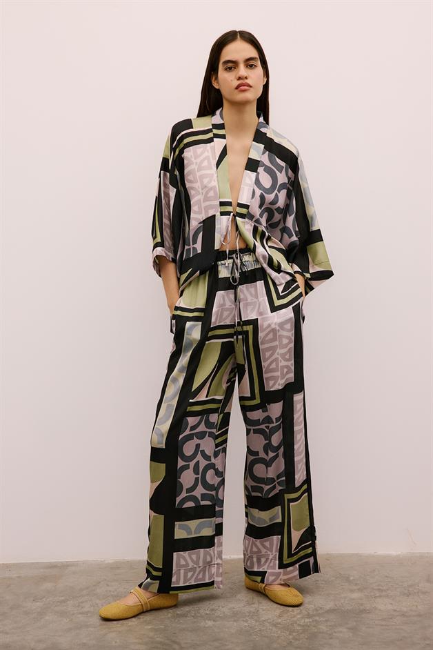 Drawstring Detailed Patterned Long Black Trousers