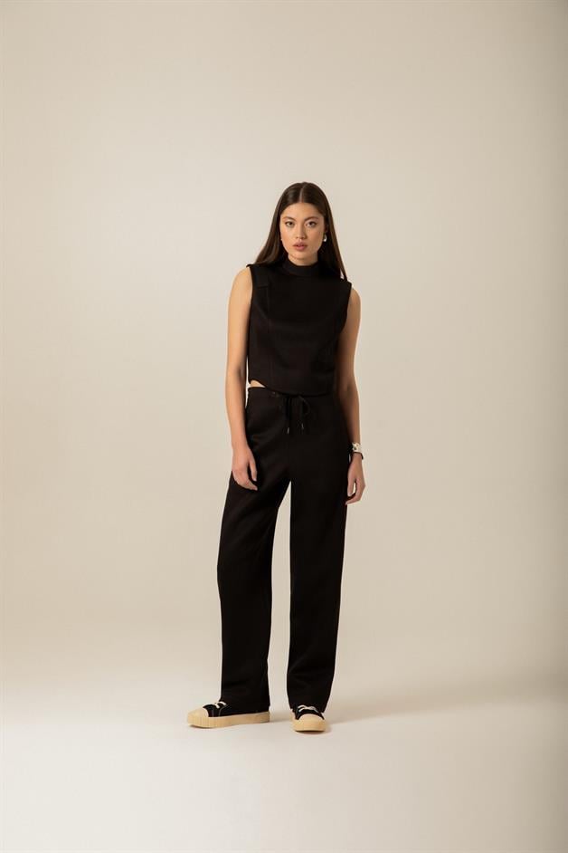 Bağcık Detaylı Örme Siyah Pantolon