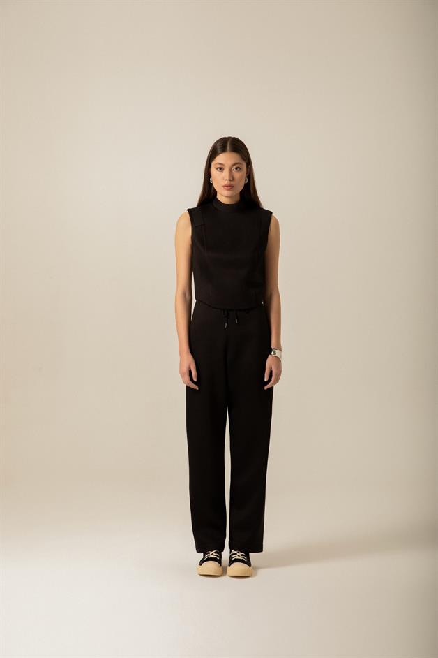 Bağcık Detaylı Örme Siyah Pantolon