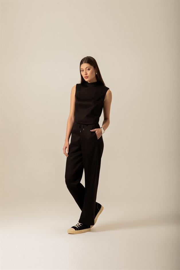 Bağcık Detaylı Örme Siyah Pantolon