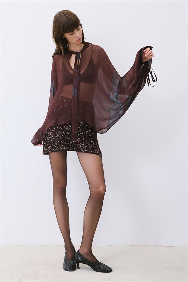 Brown Chiffon Blouse with Drawstring Neck