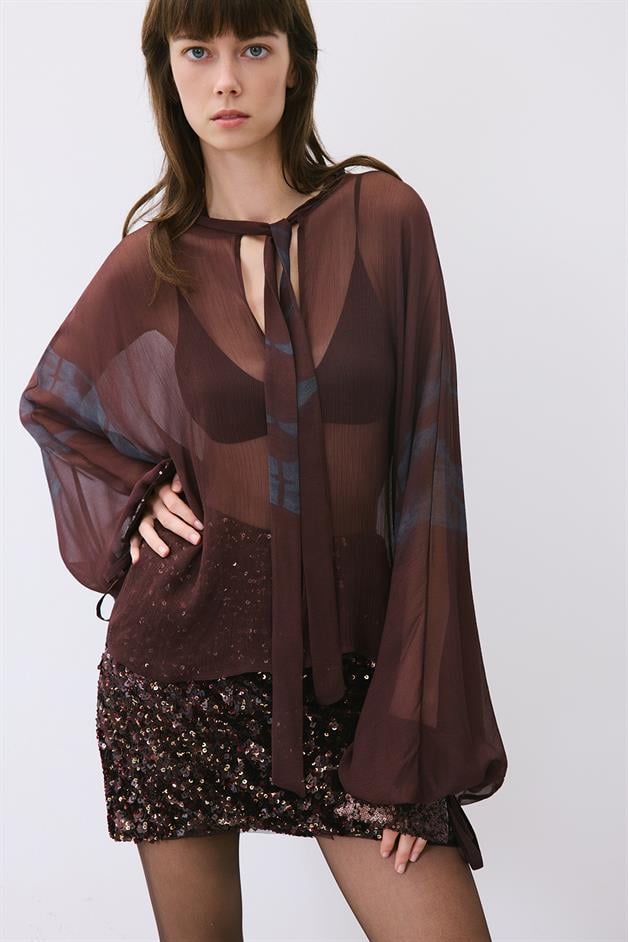 Brown Chiffon Blouse with Drawstring Neck