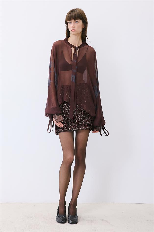 Brown Chiffon Blouse with Drawstring Neck