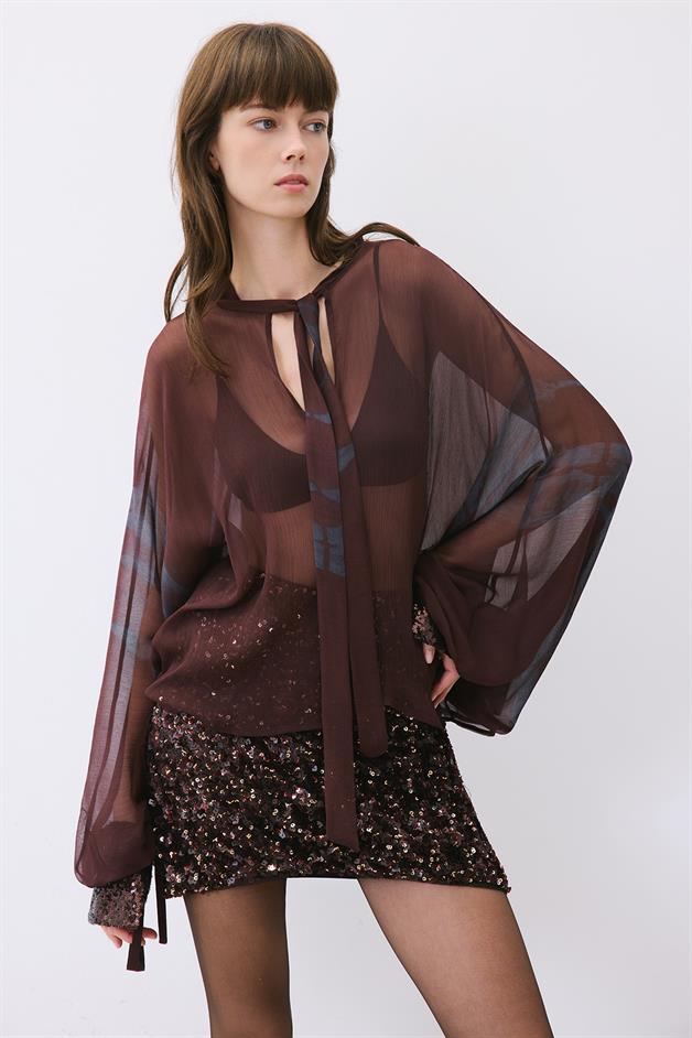 Brown Chiffon Blouse with Drawstring Neck