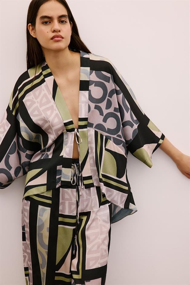 Tie-Up Patterned Black Kimono