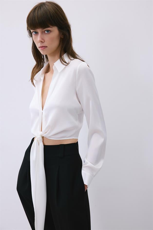Silk Tie-Front Crop Ivory Shirt Blouse  