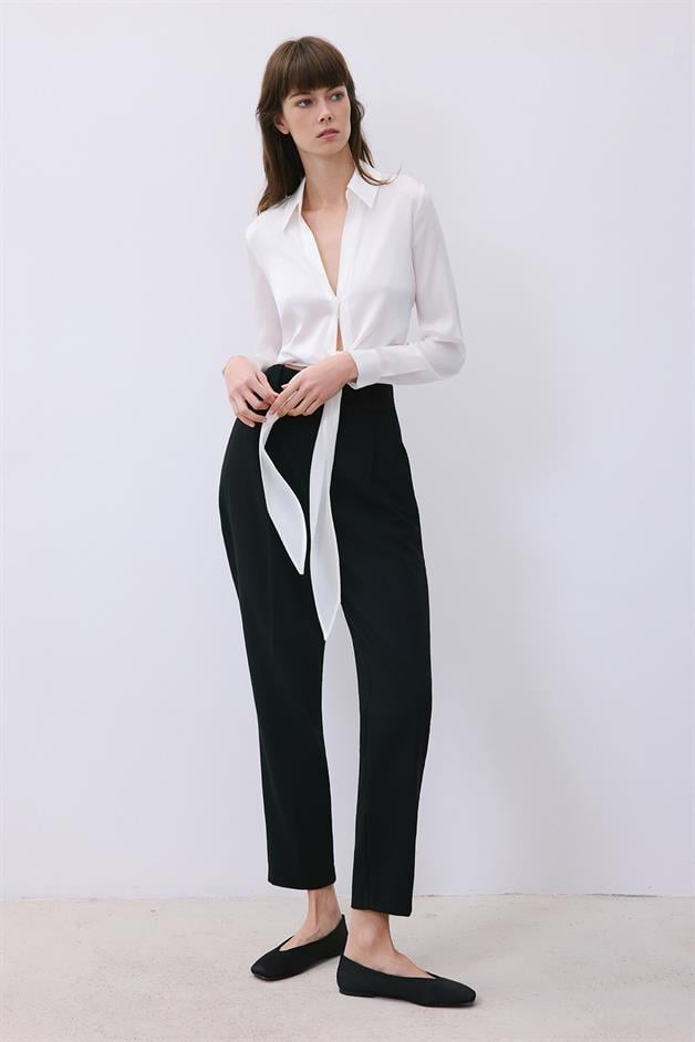 Silk Tie-Front Crop Ivory Shirt Blouse  