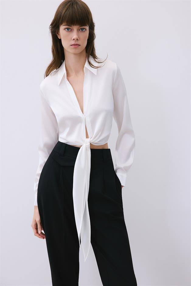 Silk Tie-Front Crop Ivory Shirt Blouse  