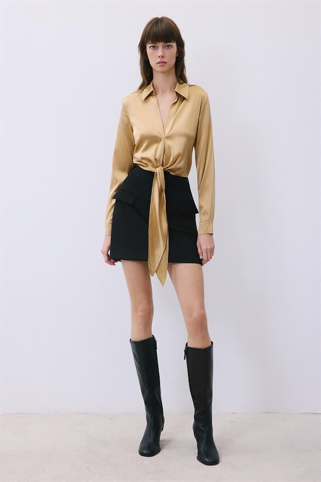 Silk Tie-Front Crop Gold Shirt Blouse  