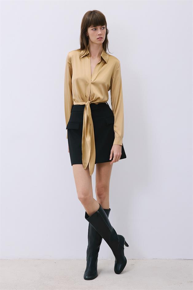 Silk Tie-Front Crop Gold Shirt Blouse  
