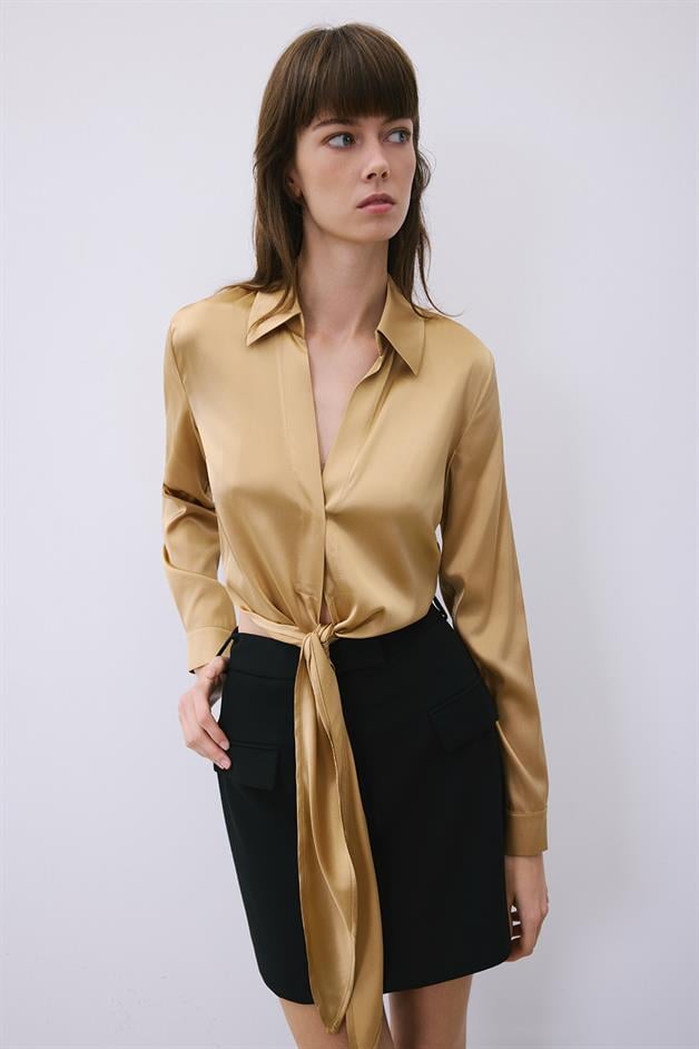 Silk Tie-Front Crop Gold Shirt Blouse  