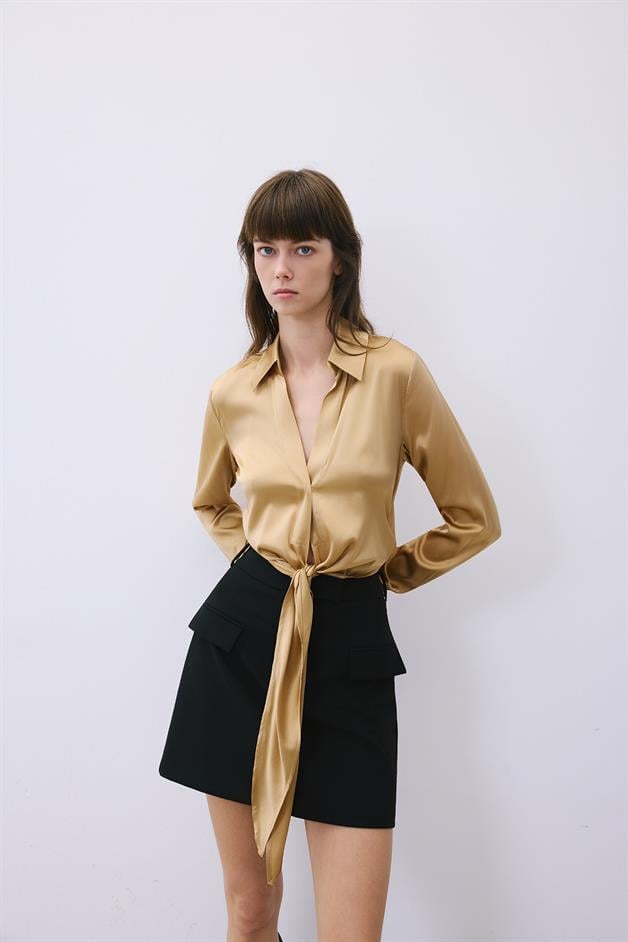 Silk Tie-Front Crop Gold Shirt Blouse  