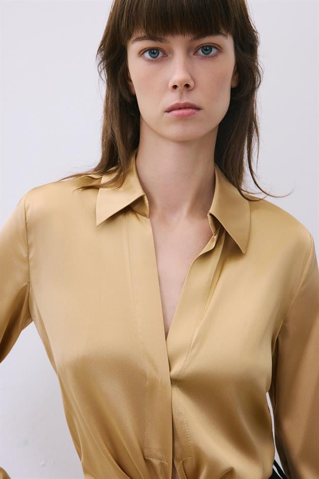 Silk Tie-Front Crop Gold Shirt Blouse  
