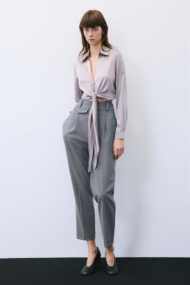 Silk Tie-Front Crop Grey Shirt Blouse  