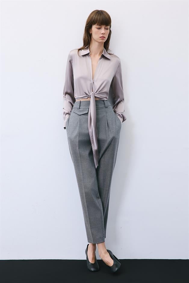Silk Tie-Front Crop Grey Shirt Blouse  