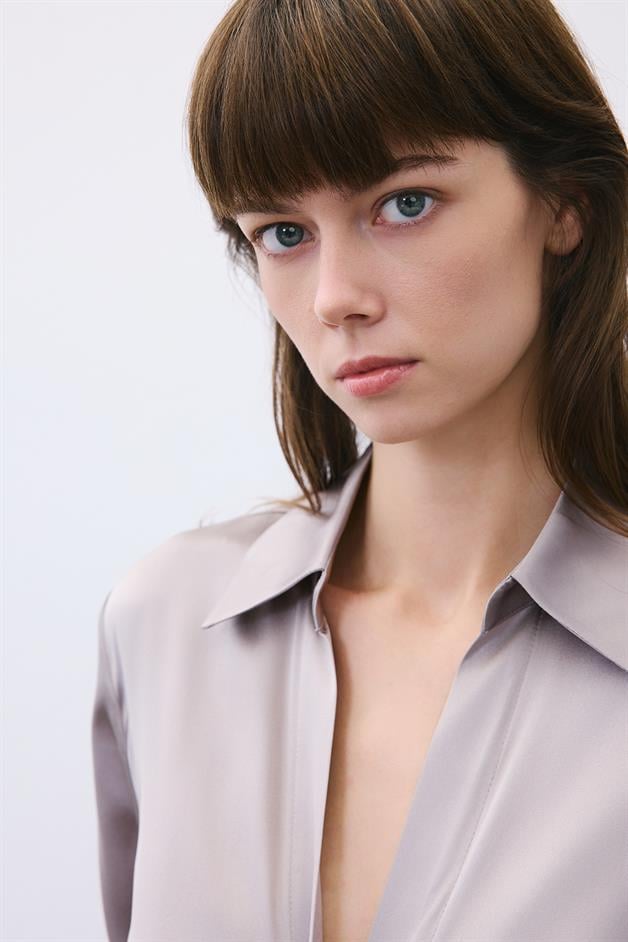 Silk Tie-Front Crop Grey Shirt Blouse  