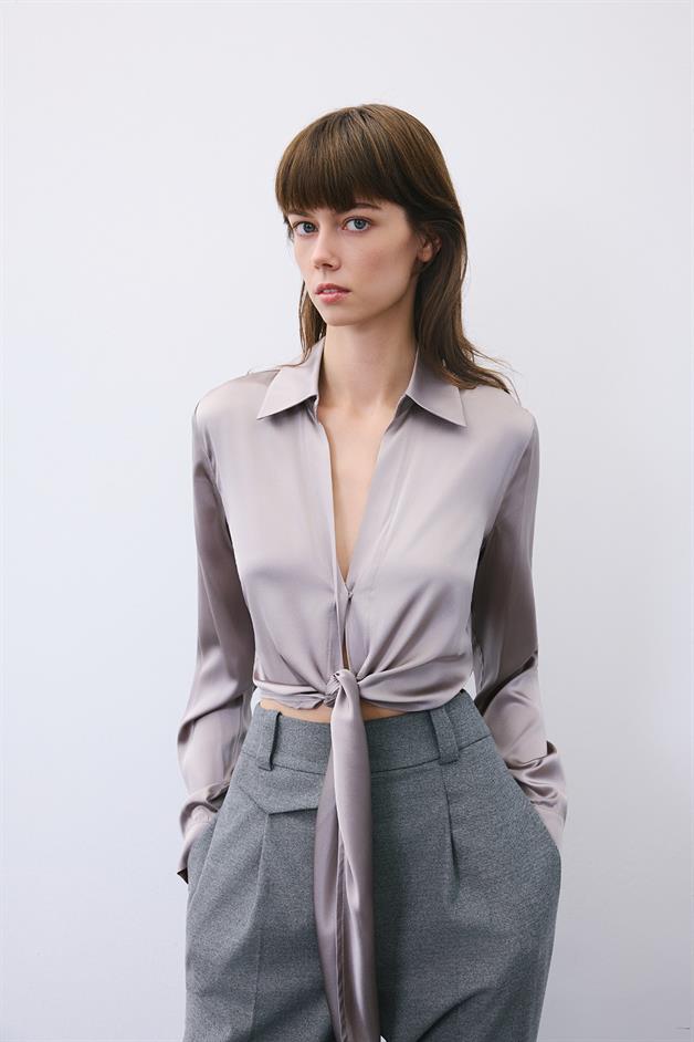 Silk Tie-Front Crop Grey Shirt Blouse  