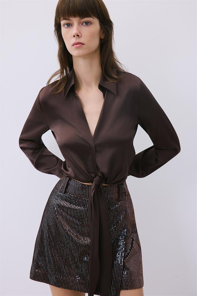 Silk Tie-Front Crop Brown Shirt Blouse  