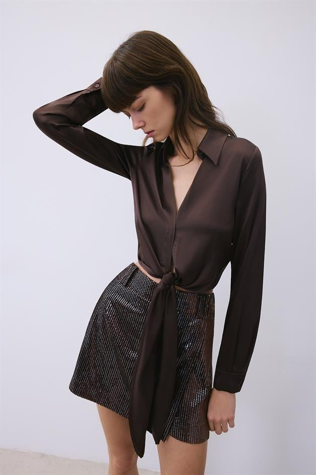 Silk Tie-Front Crop Brown Shirt Blouse  