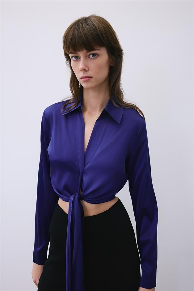 Silk Tie-Front Crop Navy Blue Shirt Blouse  