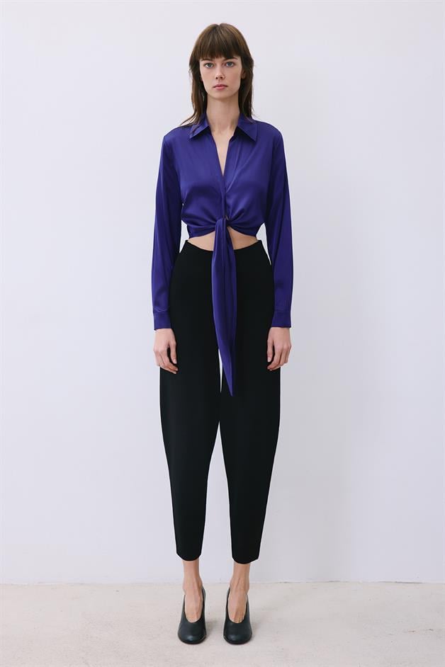Silk Tie-Front Crop Navy Blue Shirt Blouse  