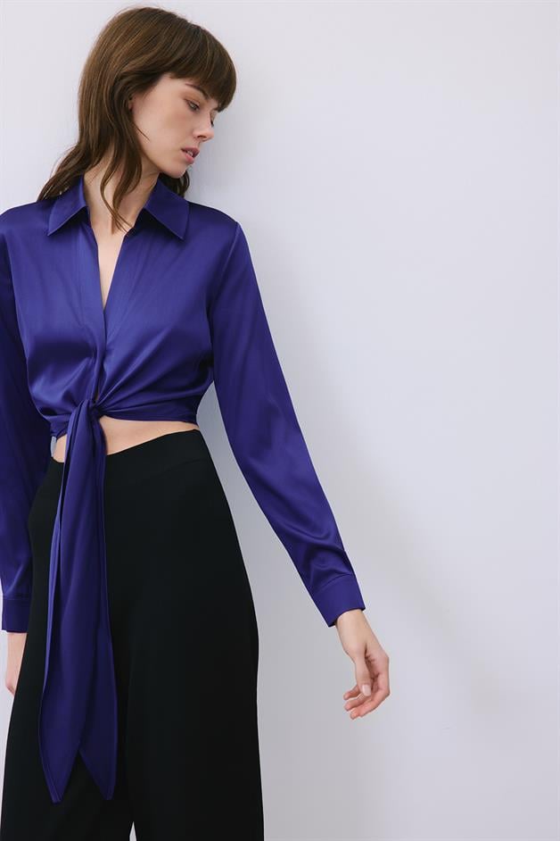 Silk Tie-Front Crop Navy Blue Shirt Blouse  