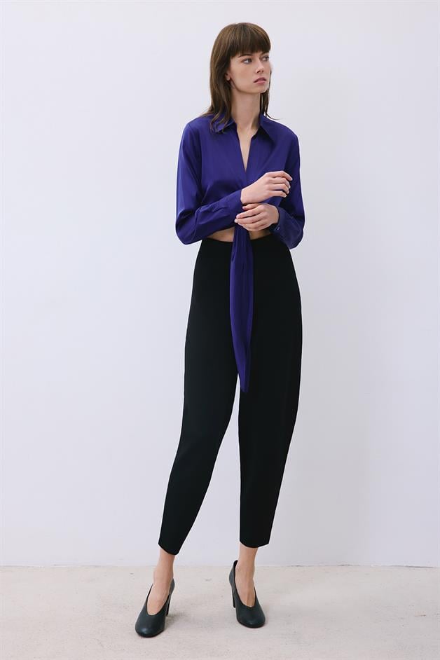 Silk Tie-Front Crop Navy Blue Shirt Blouse  