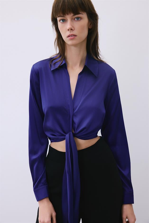 Silk Tie-Front Crop Navy Blue Shirt Blouse  