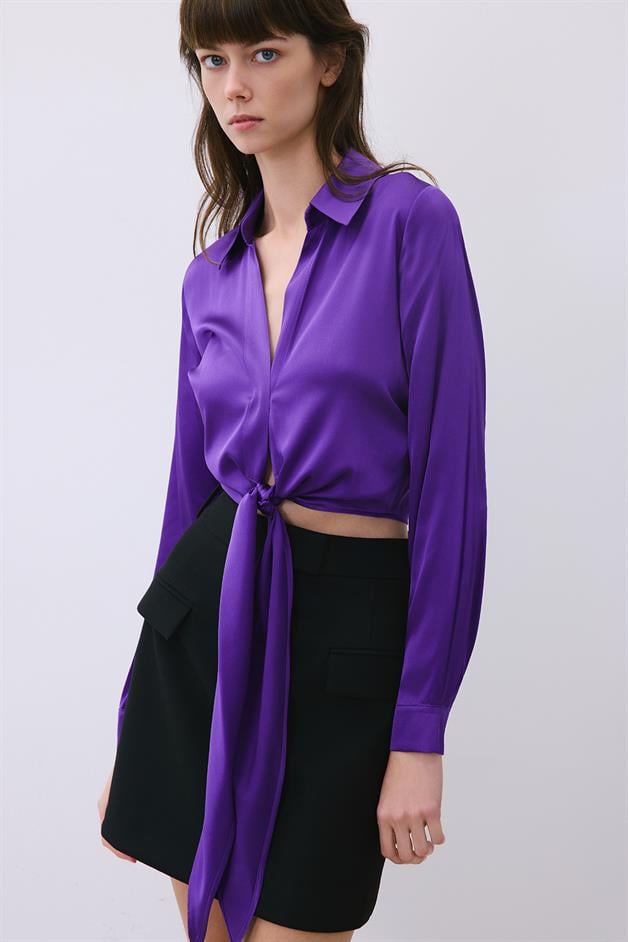 Silk Tie-Front Crop Purple Shirt Blouse  