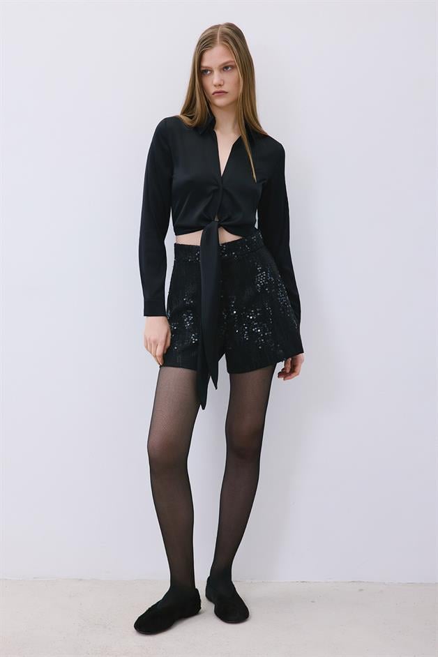 Silk Tie-Front Crop Black Shirt Blouse  