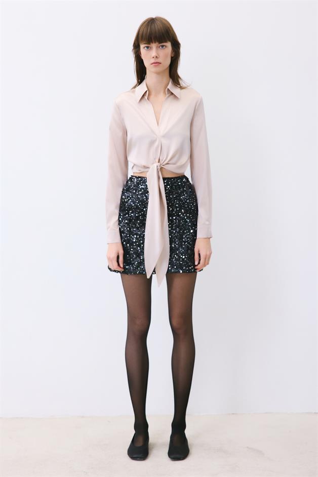 Silk Tie-Front Crop Taupe Shirt Blouse 