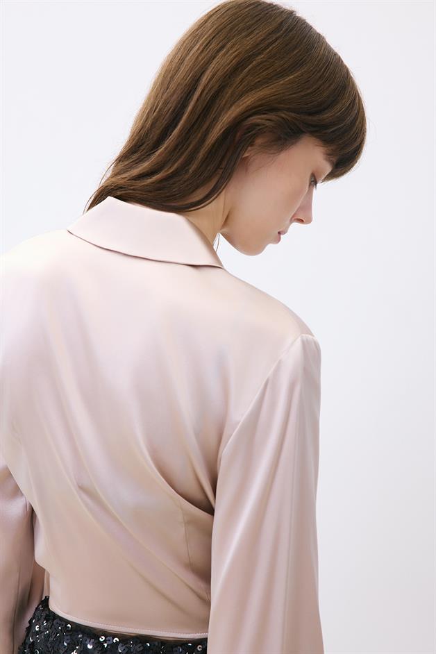 Silk Tie-Front Crop Taupe Shirt Blouse 
