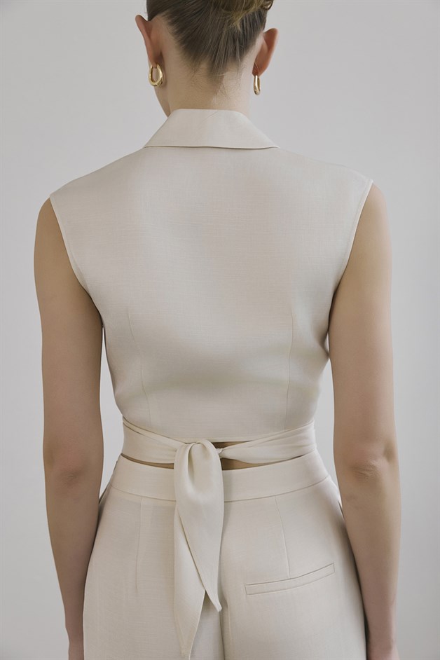 Tie Front Linen Blend Ecru Vest