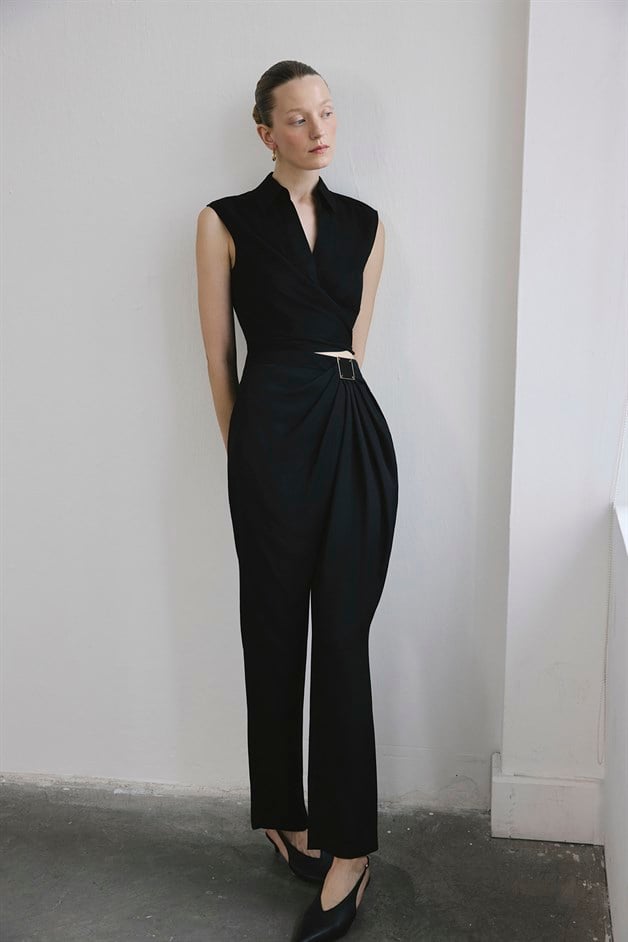 Tie Front Linen Blend Black Vest