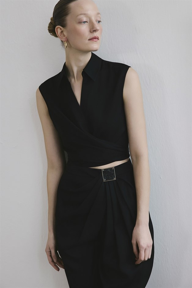 Tie Front Linen Blend Black Vest