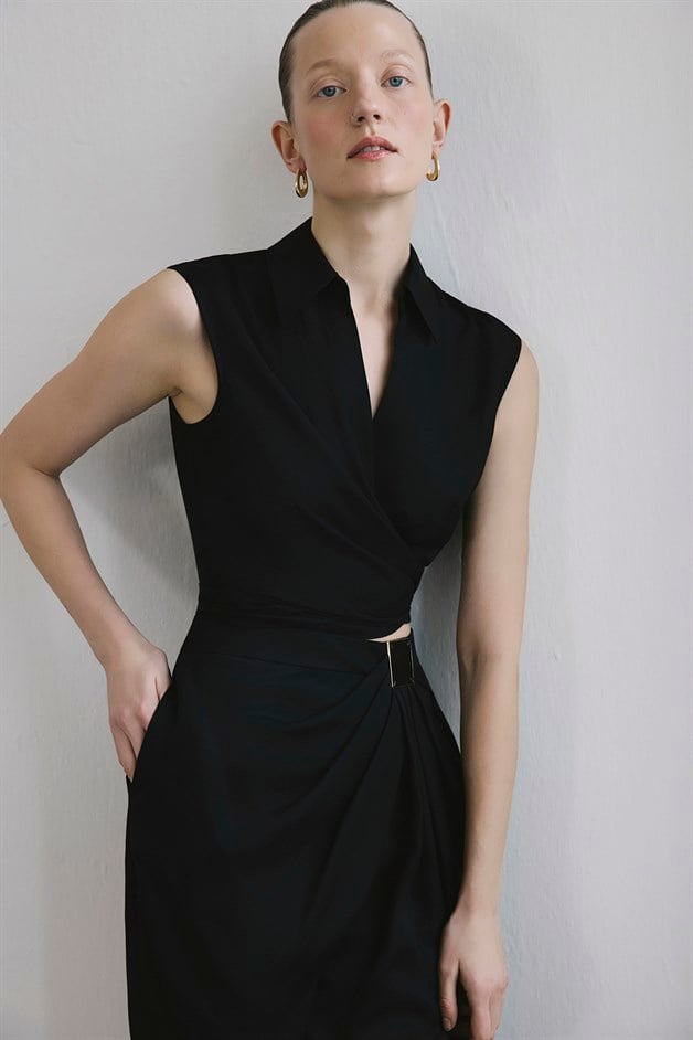 Tie Front Linen Blend Black Vest
