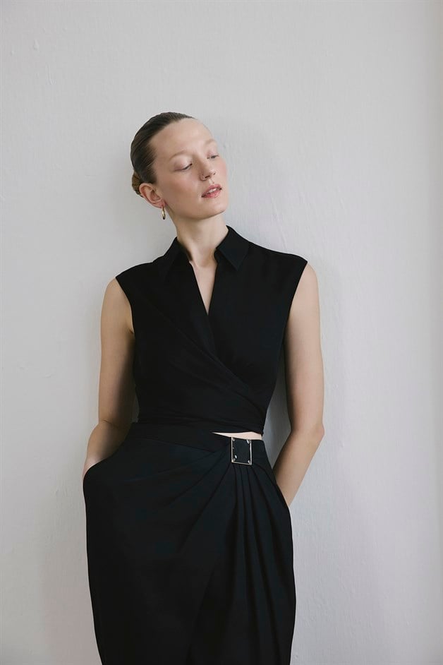 Tie Front Linen Blend Black Vest