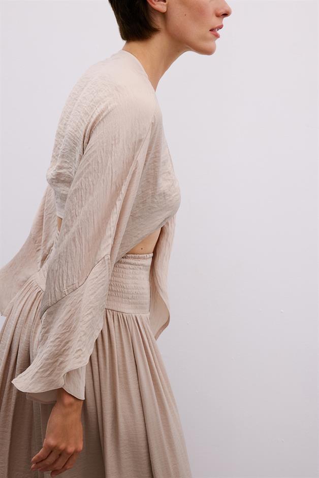 Tie-Front Relaxed Beige Crop Blouse