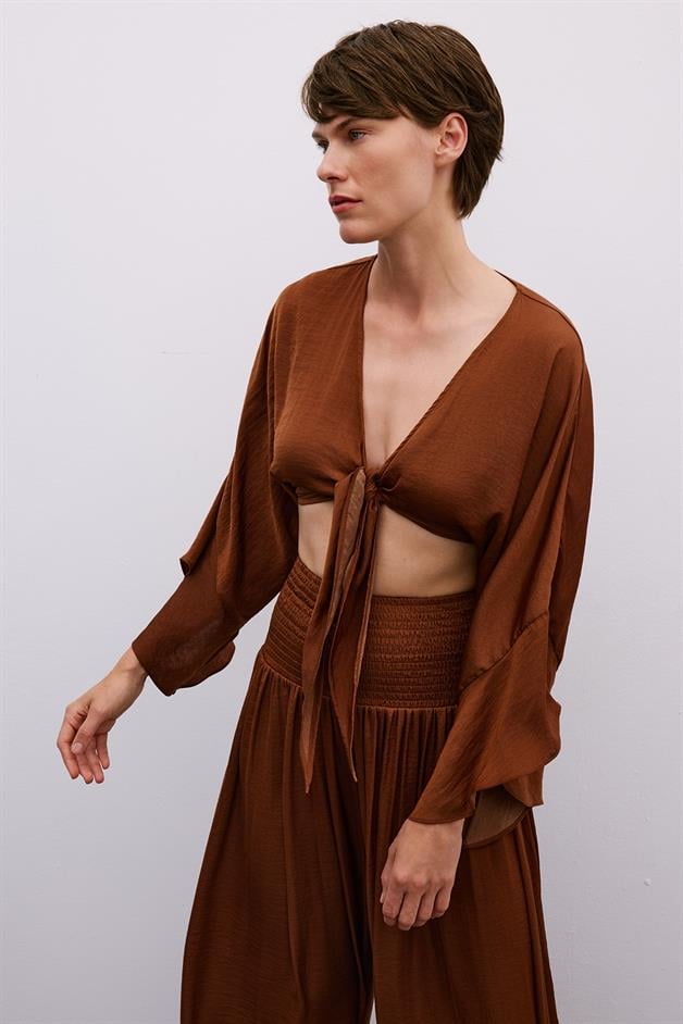 Tie-Front Relaxed Brown Crop Blouse