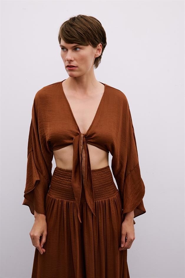 Tie-Front Relaxed Brown Crop Blouse