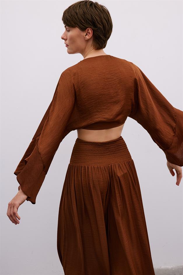 Tie-Front Relaxed Brown Crop Blouse